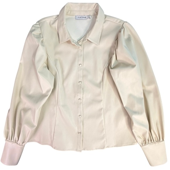 Faux Leather Long Sleeve Button Down Shirt Cream Puff Sleeve Size M - Picture 2 of 11